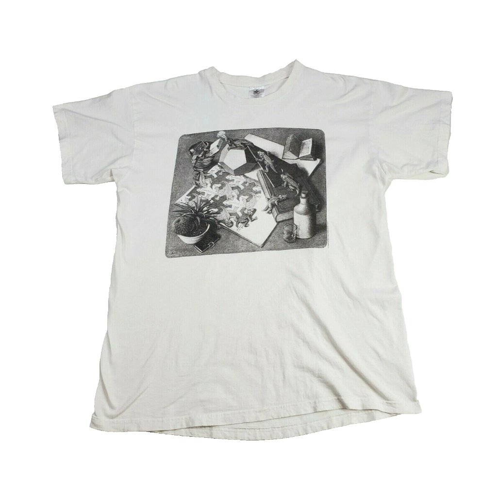 M.C. Escher Reptiles Art Print T-Shirt Sz Large 90's 2d Hexagon Alligator Plant